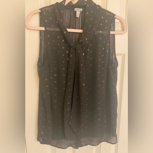 A New Day Button Front Tie Neck, Black and Gold Sleeveless Sheer Blouse Top Sz L - Picture 2 of 4